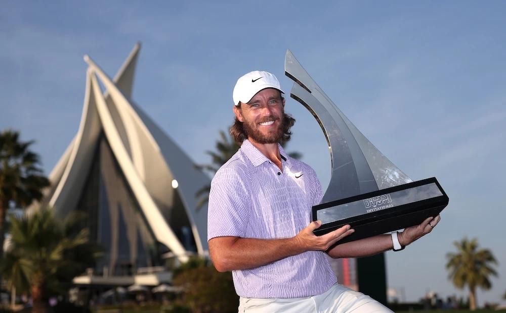 Tommy Fleetwood poses with the trophy after winning the Dubai Invitational in 2024. (Getty Images)
