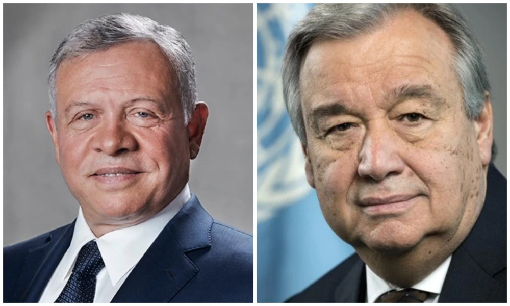 In a call with Antonio Guterres (R), King Abdullah II of Jordan (L) on Friday urged intensified international efforts to support humanitarian operations in Gaza, following the recent ceasefire agreement between Israel and Hamas. (JNA/X)