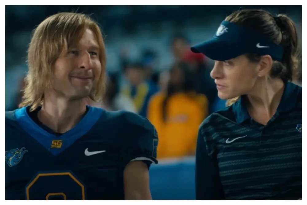 Glen Powell (L) and Perry Mattfeld in 'Chad Powers.' (Disney+)