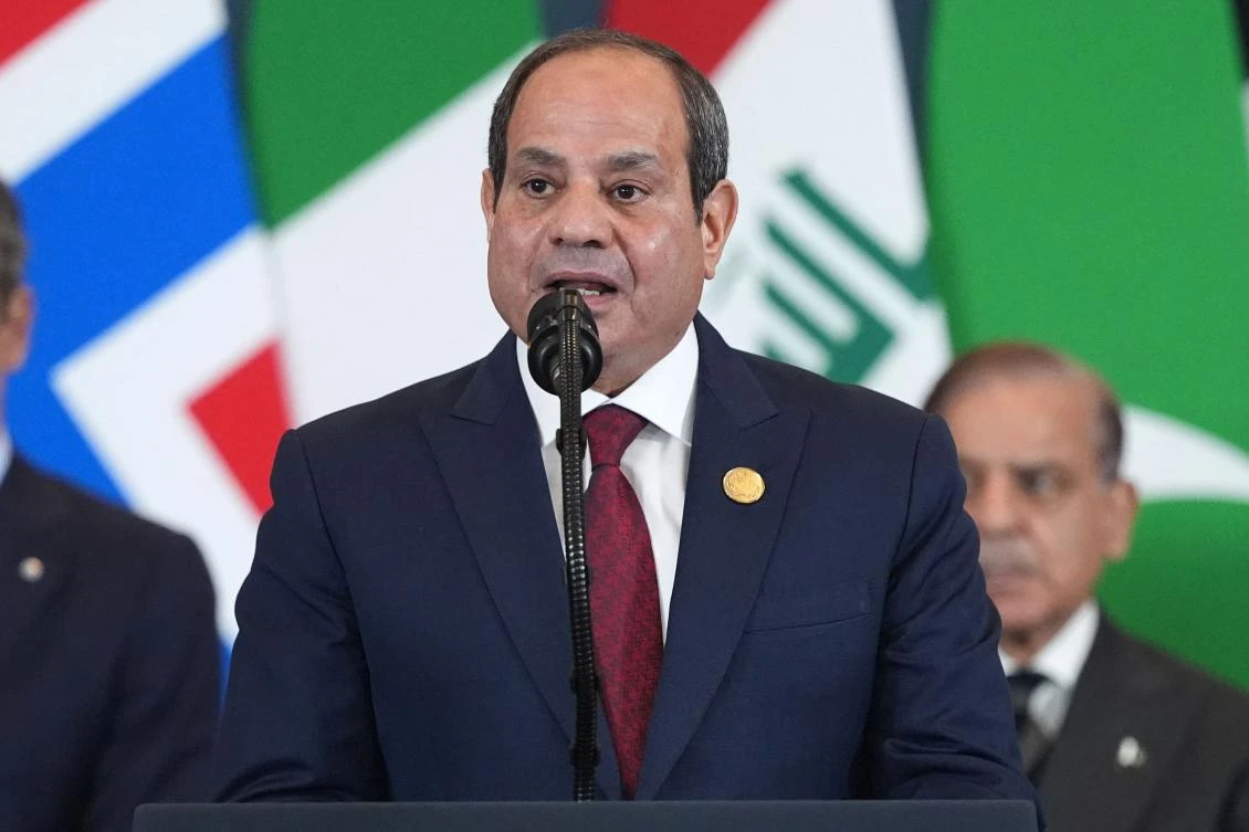 Egypt’s President Abdel Fattah El-Sisi addresses the summit on Gaza in Sharm El-Sheikh on Monday. (AFP)