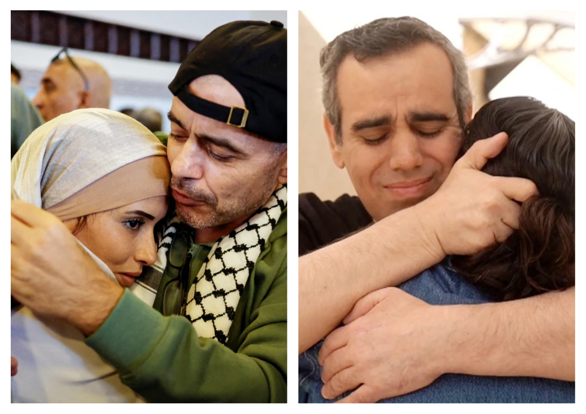 (L/R) A freed Palestinian is hugged by a relative in Ramallah, in the Israeli-occupied West Bank, October 13, 2025 and Israeli hostage Omri Miran received by a family member in Israel. (AFP)