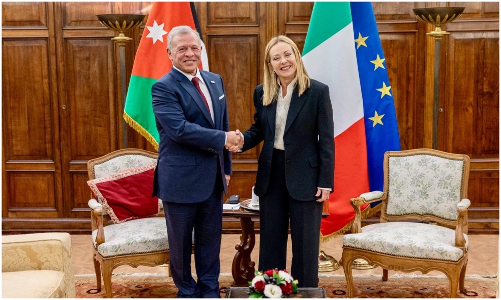 King Abdullah and Italian Prime Minister Giorgia Meloni met in Rome to stress the importance of implementing the Gaza ceasefire agreement. (Petra)