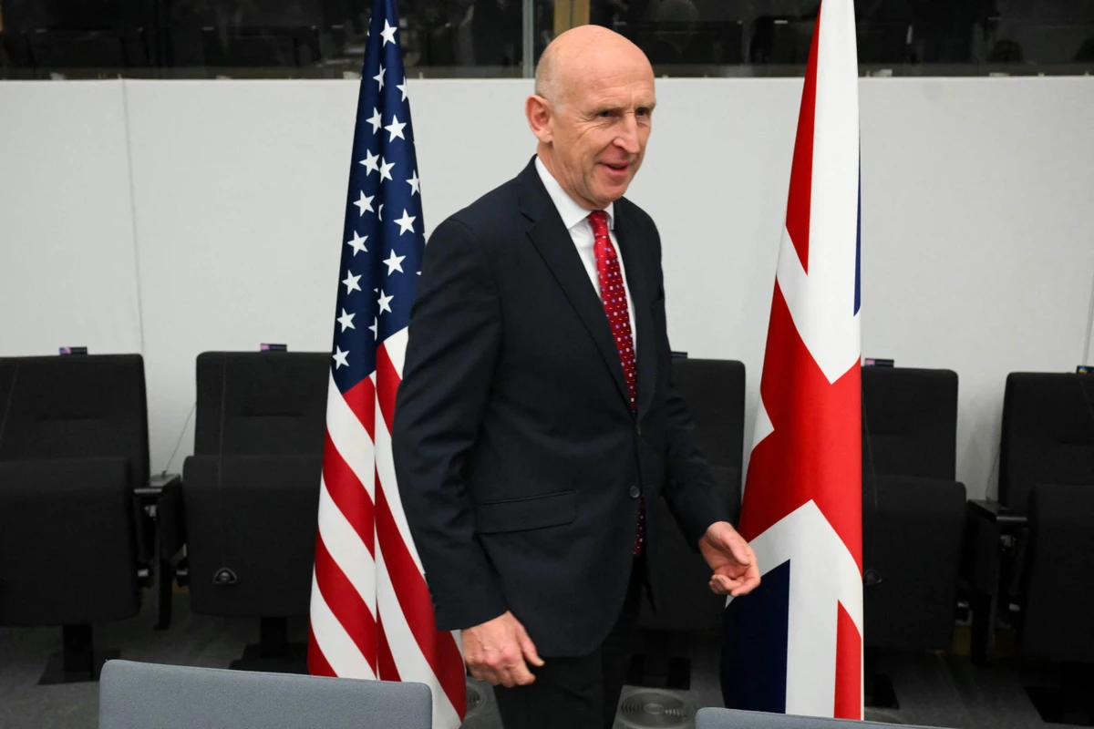 Britain's Defence Secretary John Healey arrives to attend the meeting of the Ukraine Defence Contact Group, part of the meeting of NATO Ministers of Defence Summit at the NATO headquarters in Brussels on October 15, 2025. (AFP)