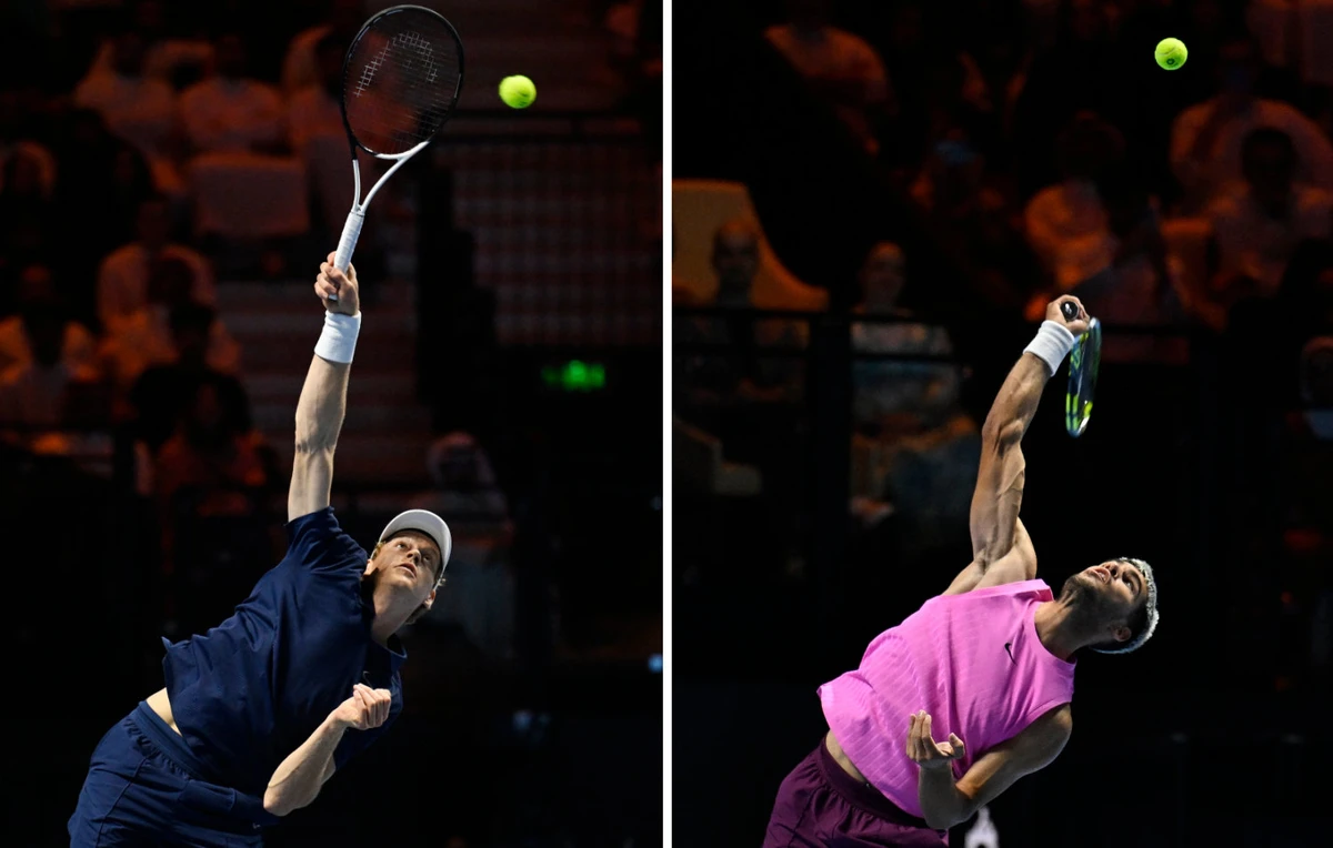 This combination image shows Italy's Jannik Sinner in action during his semifinal match against Serbia's Novak Djokovic, left, and Spain's Carlos Alcaraz against American Taylor Fritz at the Riyadh Arena on Wednesday. (Reuters photos)