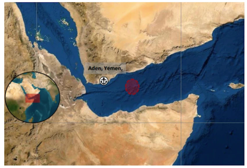 The United Kingdom Maritime Trade Operations center issued an alert about the vessel, describing the incident as taking place some 210 kilometers east of Aden. (X: @UK_MTO)