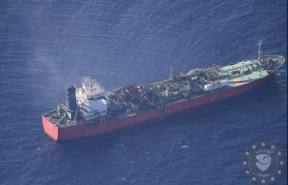 Above, the tanker Falcon after a fire in the Gulf of Aden off the coast of Yemen. (European Union’s Operation Aspides via AP)
