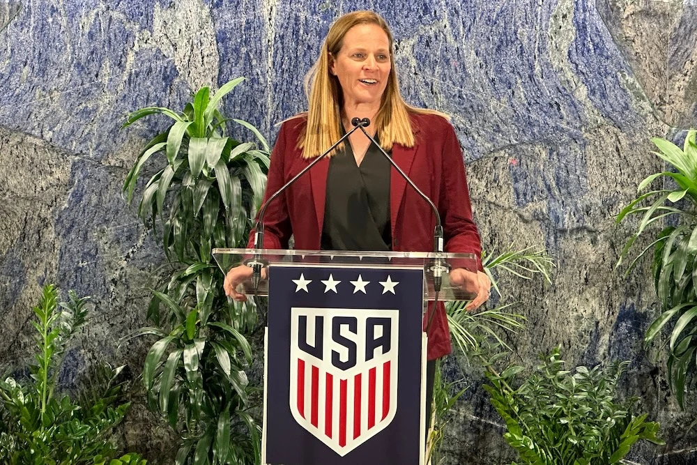 United States Soccer President Cindy Parlow Cone speaks at a news conference in New York Monday, to announce the US, Mexico, Jamaica, and Costa Rica have joined a proposal to co-host the 2031 Women’s World Cup, the only bid being considered by FIFA. (AP)