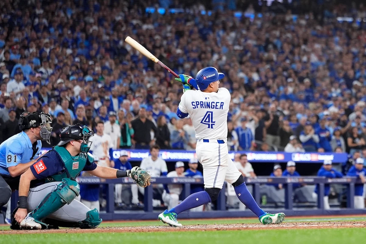 George Springer blasted a three-run home run to end the Toronto Blue Jays’ 32-year wait to return to the World Series on Monday. (Getty Images via AFP)