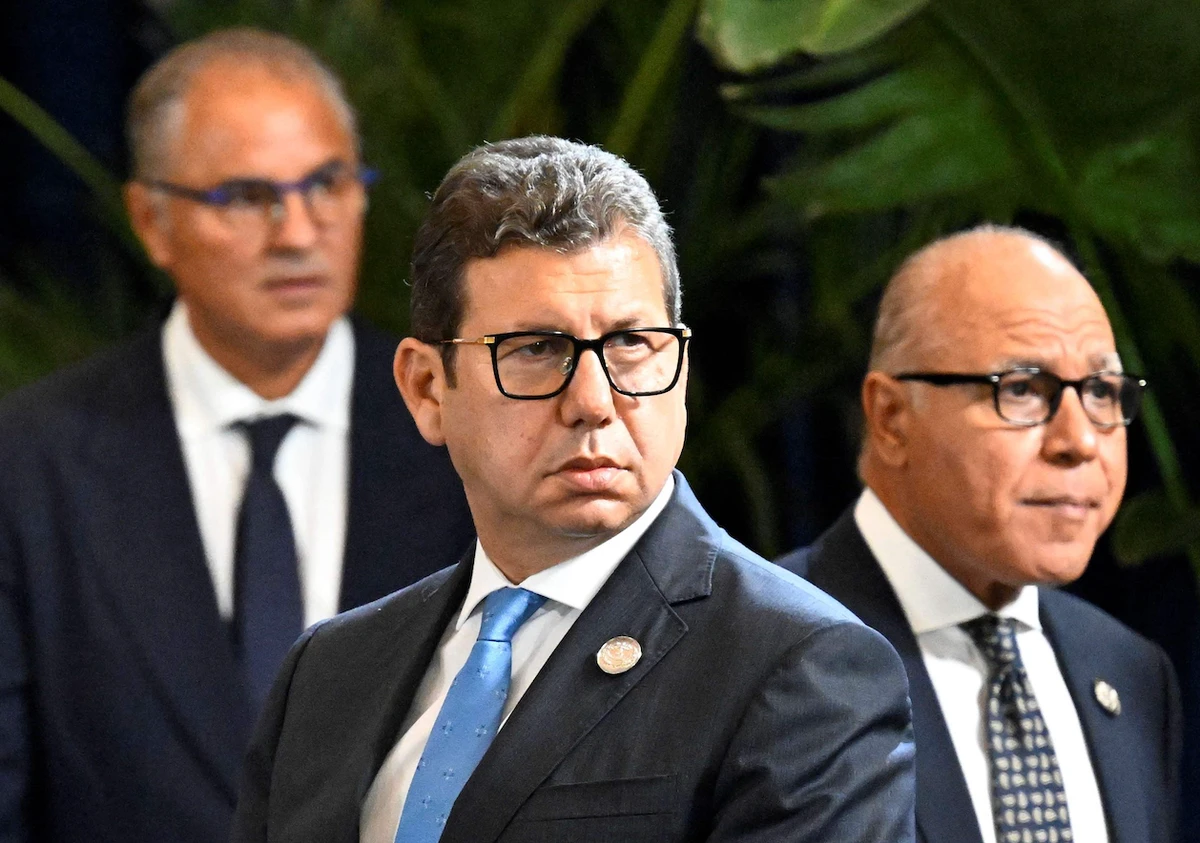 Egypt’s intelligence head Hassan Rashad (C) is pictured on the sidelines of a summit meeting on Gaza in the Red Sea resort of Sharm El-Sheikh. (File/AFP)