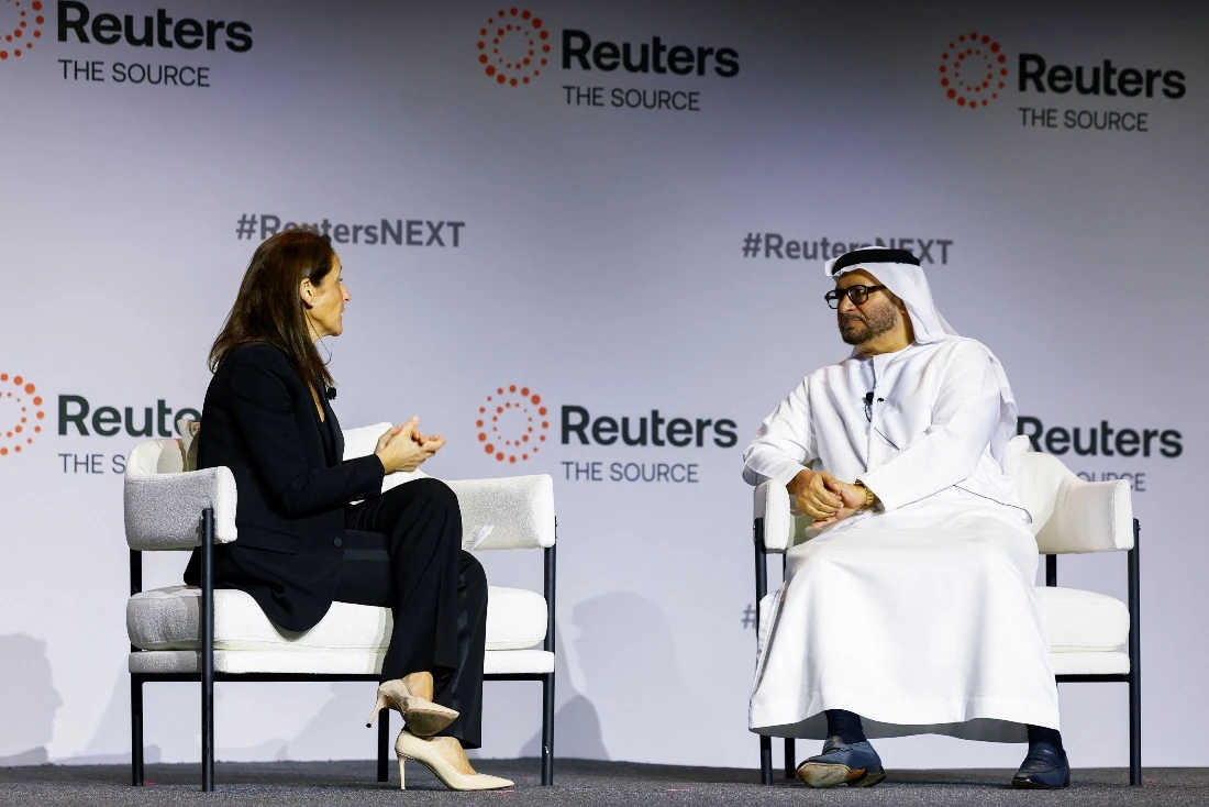 Reuters Editor-in-Chief Alessandra Galloni speaks with Diplomatic advisor to the United Arab Emirates President Anwar Gargash at the Reuters NEXT Gulf Summit, in Abu Dhabi, UAE. (Reuters)