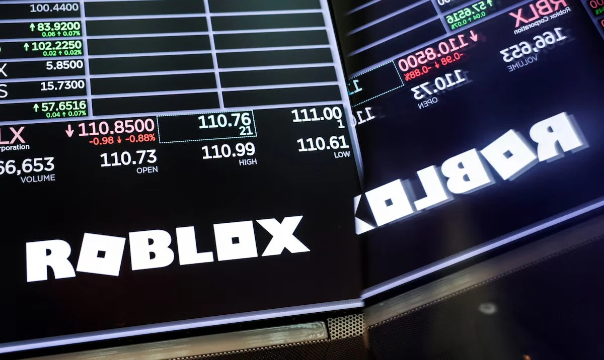 The Roblox logo is displayed on a screen on the floor at the New York Stock Exchange (NYSE) in New York City, US, July 15, 2025. (Reuters)