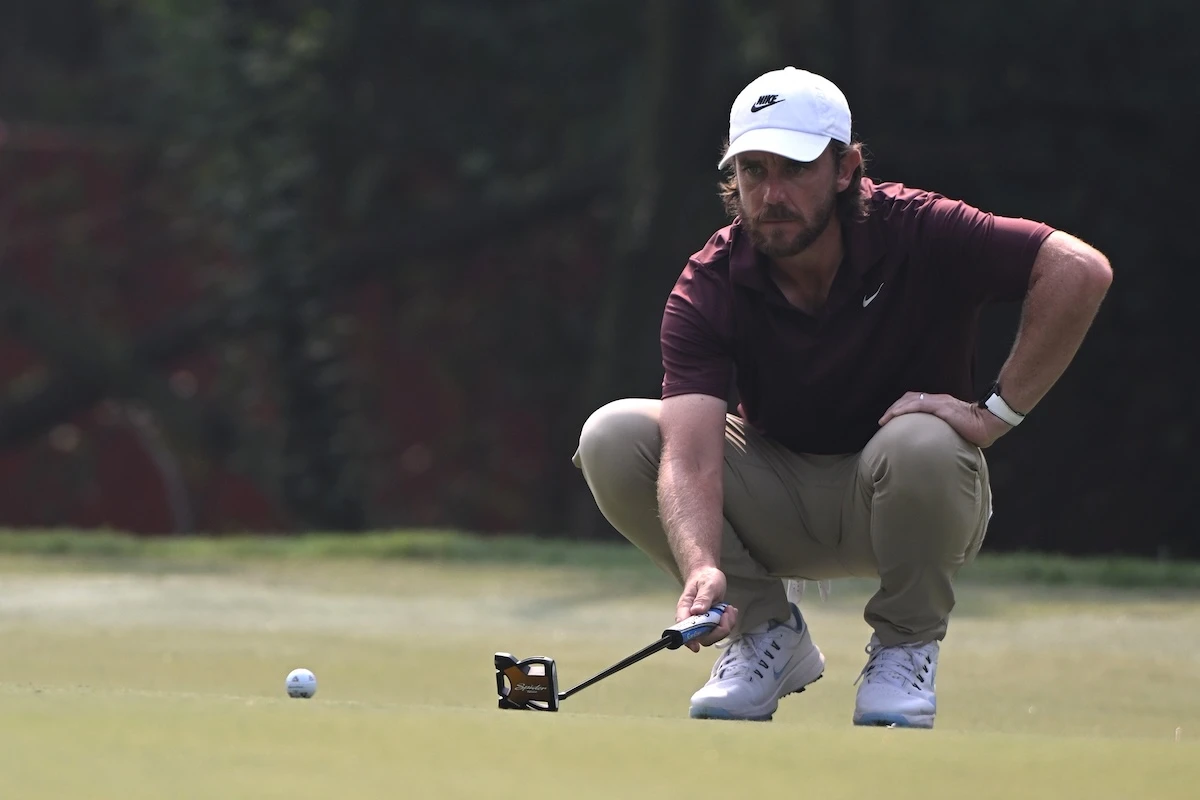 Tommy Fleetwood lines up a putt on the 3rd green on day three of the DP World India Championship 2025 at Delhi Golf Club on October 18 in New Delhi. (Getty Images AsiaPac)