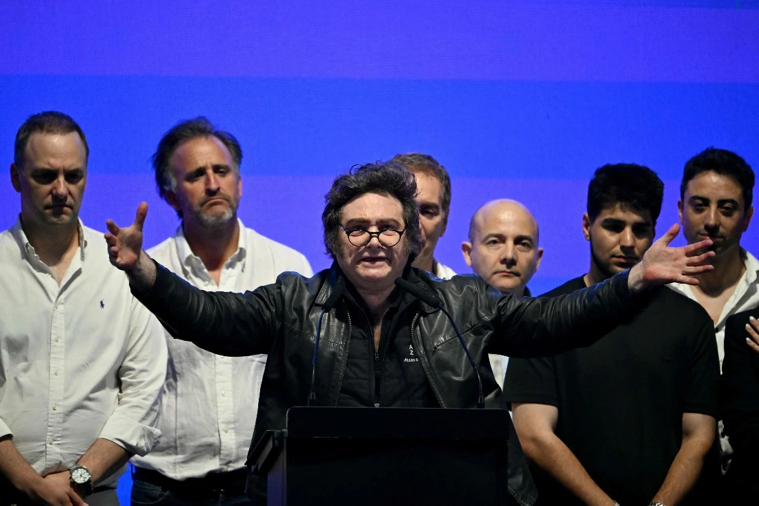 Argentina's President Javier Milei speaks to supporters during the closing campaign rally of Libertad Avanza party ahead of the upcoming legislative elections in Rosario, Santa Fe province, Argentina. (AFP)