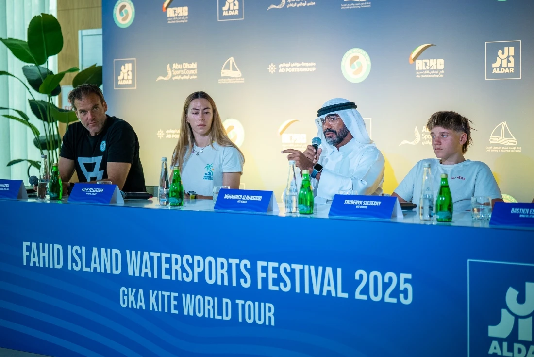(From left) Tom Hartman alongside Kylie Sheikh Ahmed bin Hamdan bin Mohammed Al-Nahyan and Fryderyk Szcesny at the launch of the Fahid Island Watersports Festival in Abu Dhabi. (SUPPLIED)
