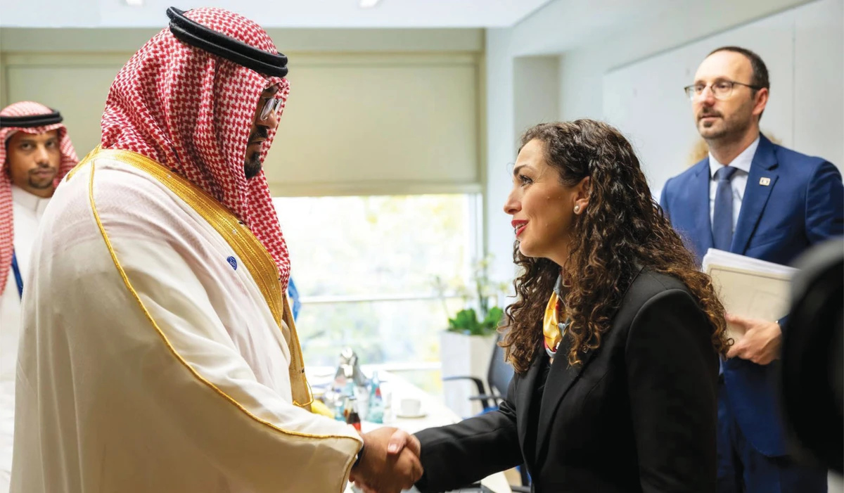Kosovo's Kosovan President Vjosa Osmani and Saudi Economy Minister Faisal Al-Ibrahim meet in Berlin. (SPA)