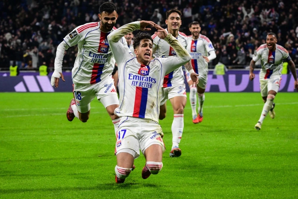 Lyon’s Portuguese forward Afonso Moreira celebrates after scoring. (AFP)