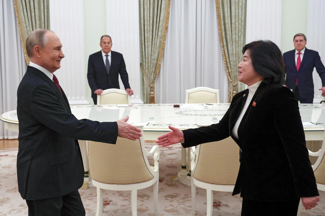 Russian President Vladimir Putin greets North Korean Foreign Minister Choe Son Hui during their meeting at the Kremlin in Moscow on Oct. 27, 2025. (Sputnik via AP)