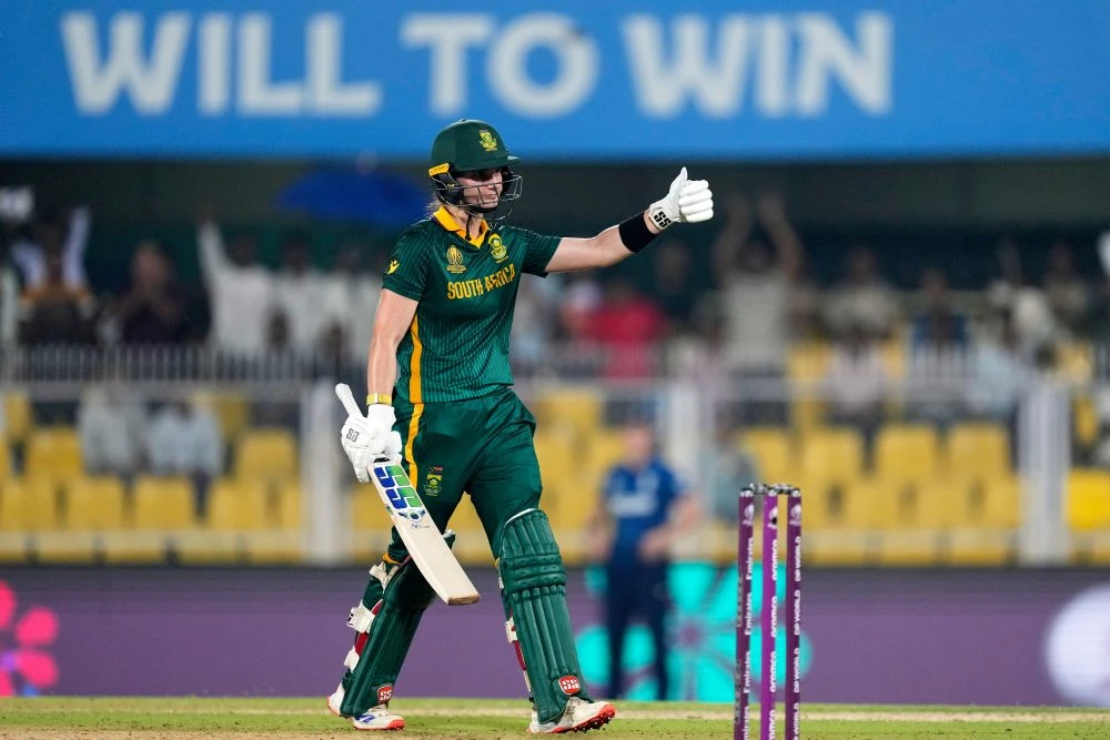 South Africa’s captain Laura Wolvaardt celebrates 150 runs during the Women’s Cricket World Cup semi between England and South Africa at Barsapara Cricket Stadium in Guwahati, India. (AP Photo)