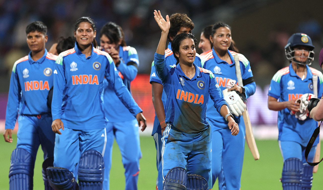Indian players celebrate after winning the ICC Women’s Cricket World Cup semifinal match against Australia in Mumbai, India, on October 30, 2025. (REUTERS/File)