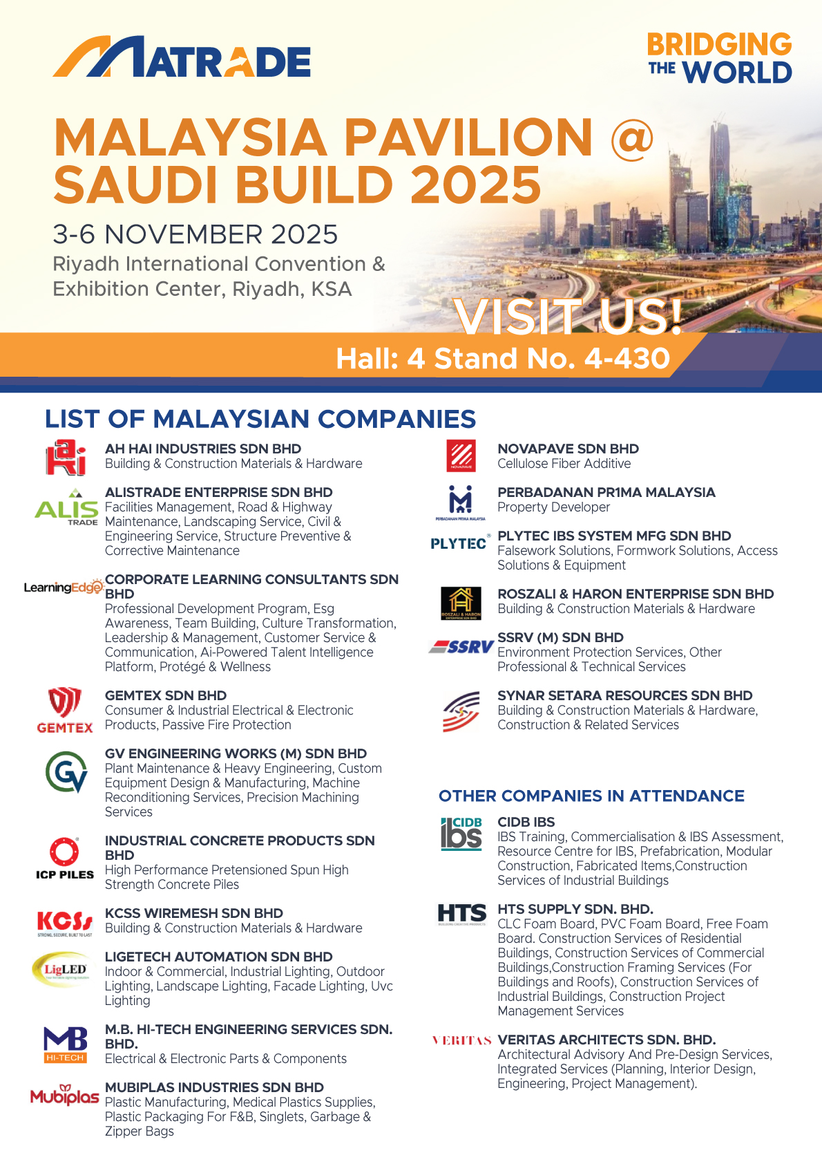 Meet the leading Malaysian construction and building materials players at Saudi Build 2025!