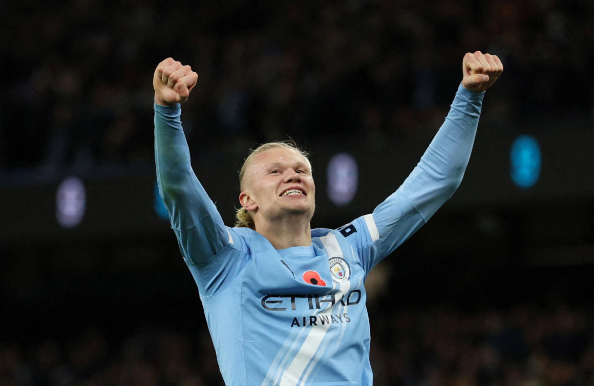 Manchester City’s Erling Haaland celebrates scoring their second goal against Bournemouth. (Reuters)