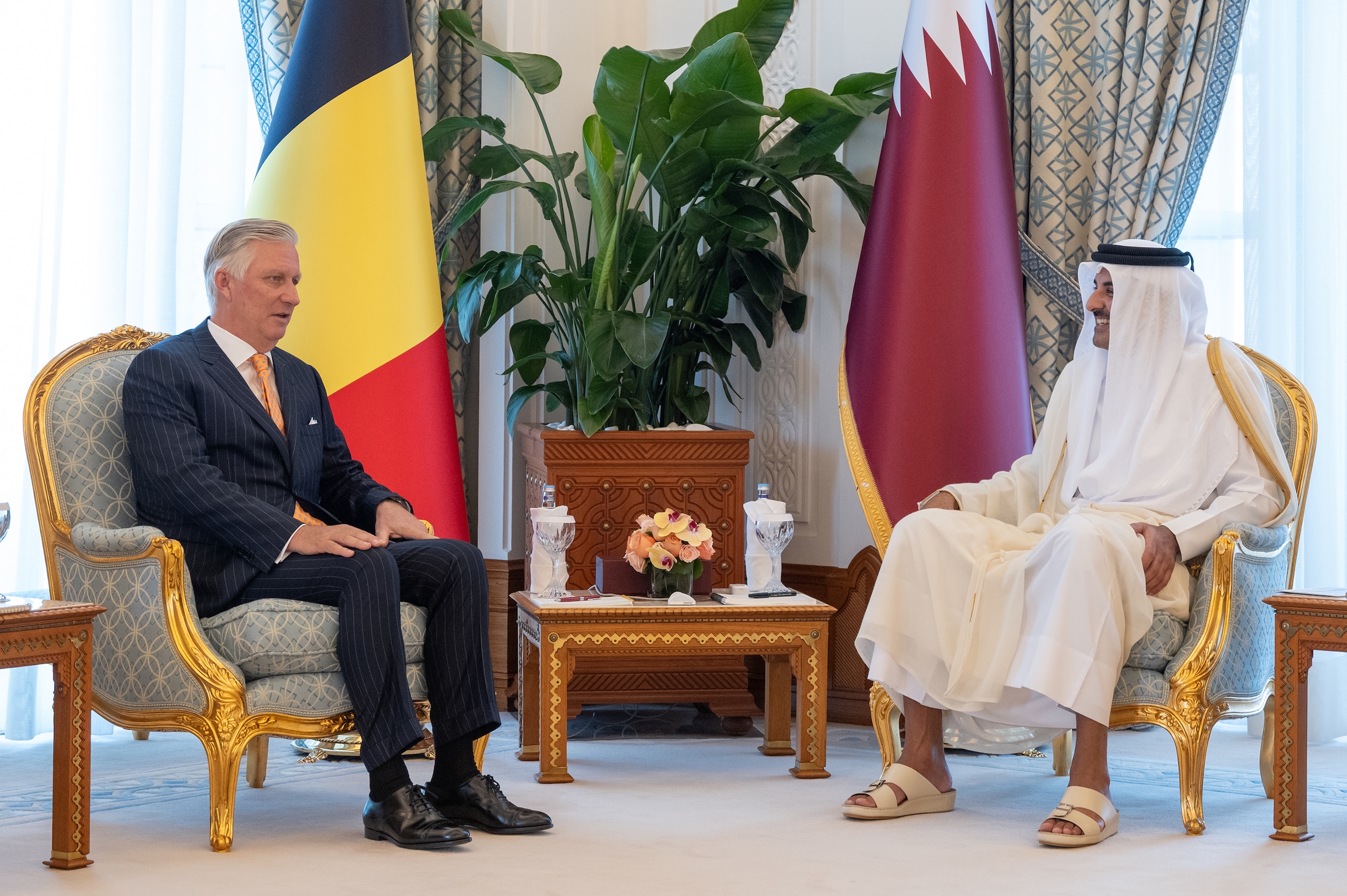 Sheikh Tamim bin Hamad Al-Thani, the emir of Qatar, and King Philippe of Belgium conducted talks ahead of the second World Summit for Social Development in Doha. (QNA)