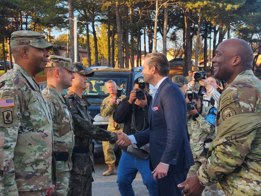 US Defense Secretary Pete Hegseth greets military officers as he visits a US Army base near the truce village of Panmunjom in the Demilitarized Zone dividing the two Koreas on Nov. 3, 2025. (Yonhap/AFP)