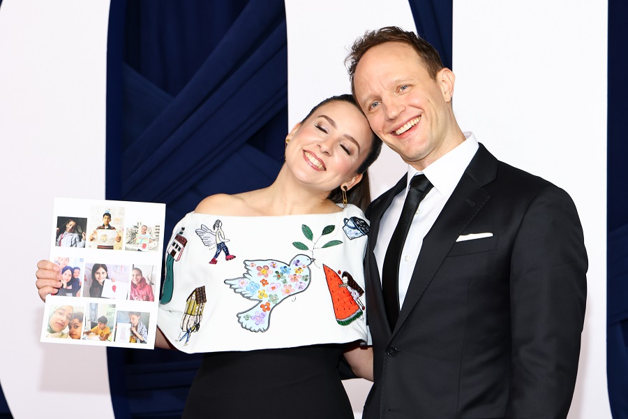 Ms. Rachel attended Glamour magazine’s Women of the Year 2025 awards in a dress featuring images drawn by children in Gaza. (Getty Images)