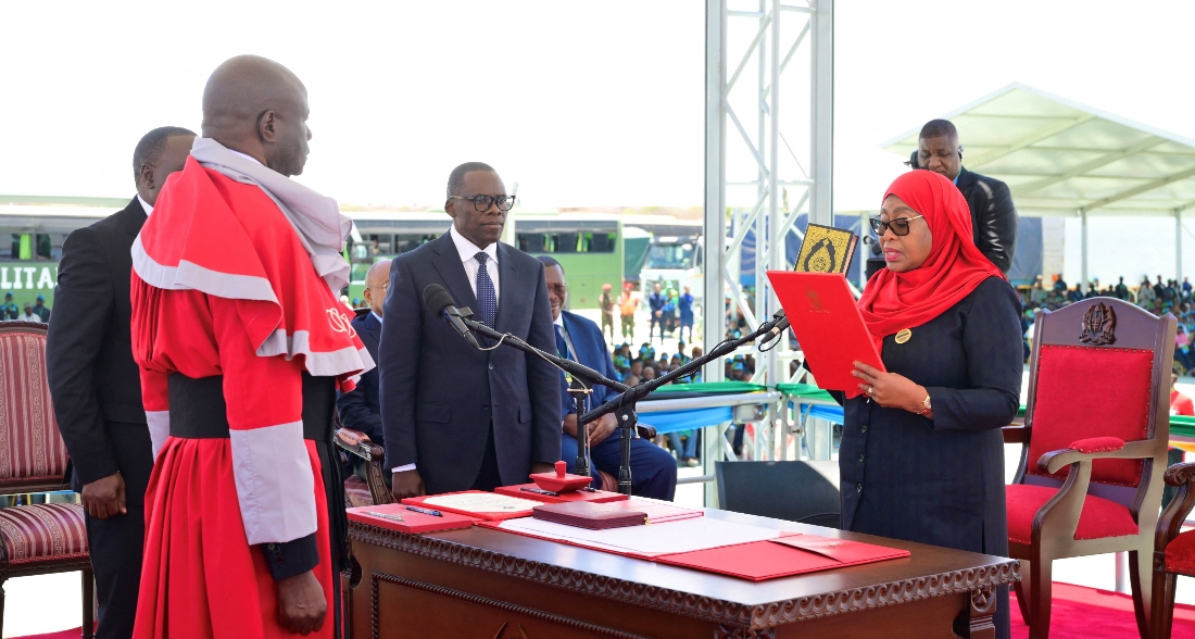 Tanzania's President Samia Suluhu Hassan is sworn in during a ceremony in Dodoma, Tanzania. (Reuters)