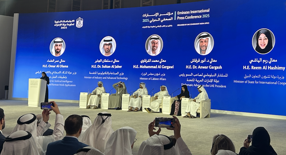 The UAE’s growing role as a global hub for innovation and diplomacy took center stage on Wednesday as ministers gathered for the first Emirates International Press Conference. (AN Photo/Dalal Awienat)