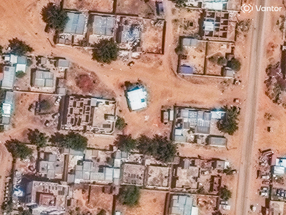This satellite image from Vantor shows what experts suspect is a mass grave being dug near a mosque north of Saudi hospital in El-Fasher on Nov. 1 (Vantor via AP)
