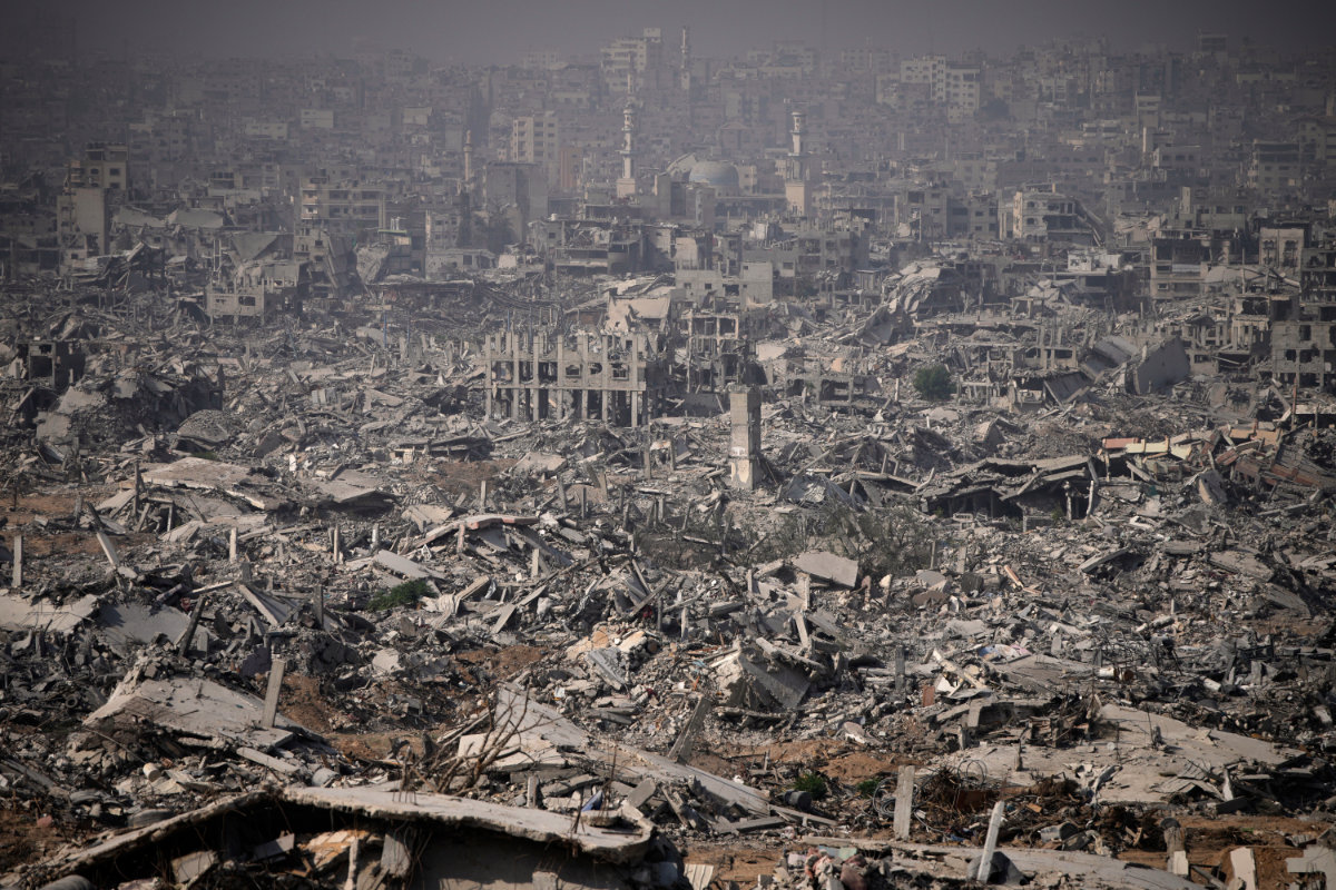 Buildings destroyed by the Israeli military are in ruins in the Shijaiya neighborhood of Gaza City, during an army-organized tour for journalists, on Nov. 5, 2025. (AP Photo)