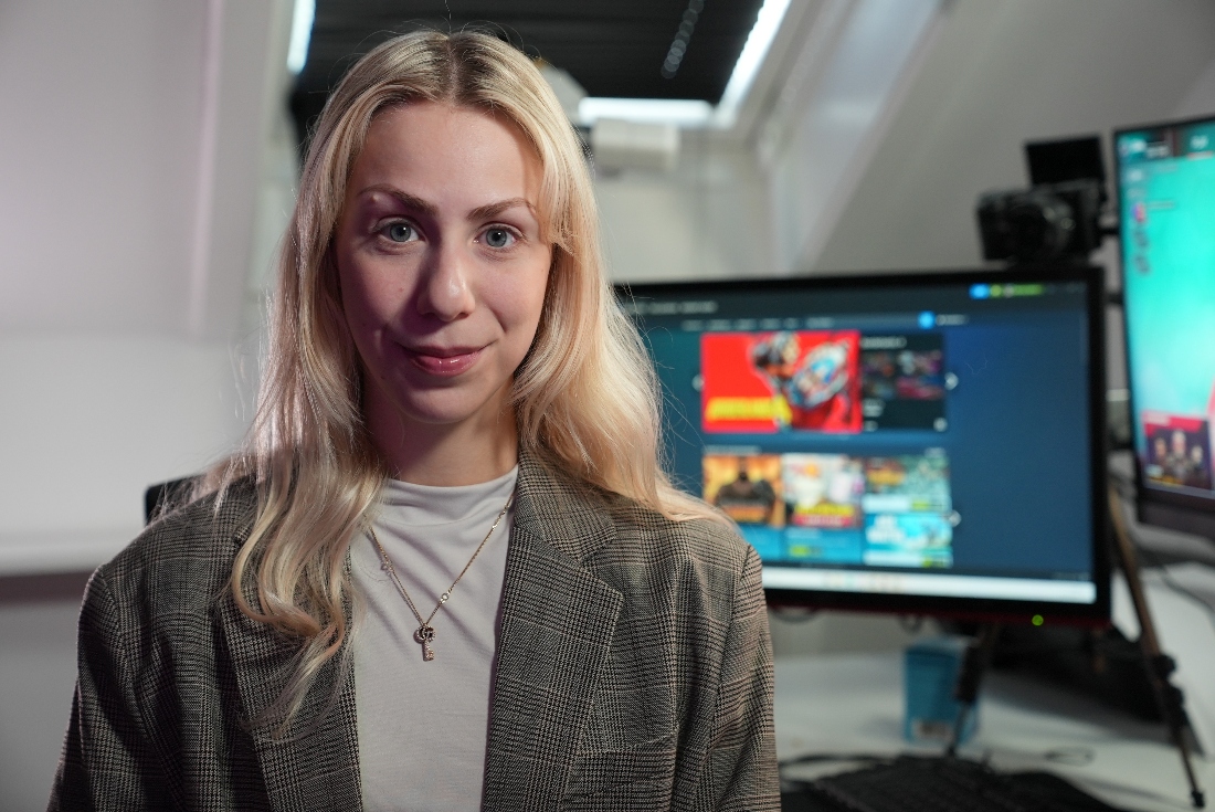 Danish video game live-streamer Marie Watson, 28, poses for a photo in her studio in Taastrup, Denmark. (AP)