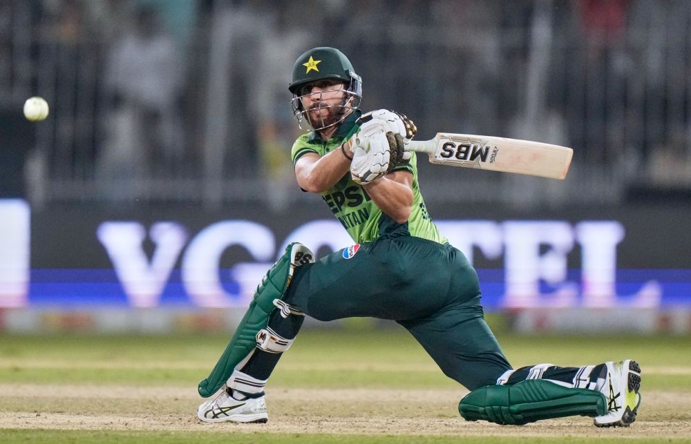 Pakistan’s Salman Ali Agha plays a shot during the second one day international cricket match between Pakistan and South Africa, in Faisalabad, Pakistan, Thursday, Nov. 6, 2025. (AP Photo)