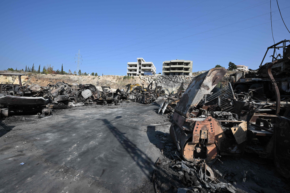 This photo taken on November 6, 2025 shows burnt construction equipment at a site targeted by an Israeli strike in Al-Msayleh area in southern Lebanon on October 11, 2025. (AFP)