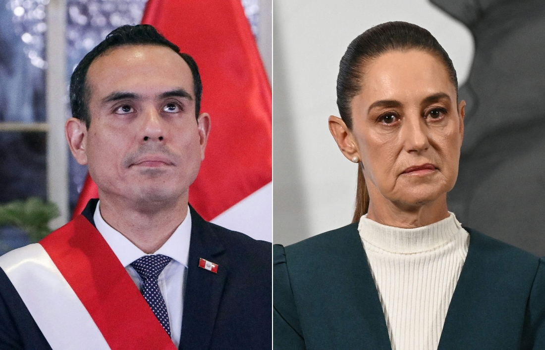This combination of pictures shows Peru's interim President Jose Jeri looking on during the inauguration ceremony of his cabinet at the Presidential Palace in Lima and Mexico's President Claudia Sheinbaum gesturing during her daily press conference at Palacio Nacional in Mexico City. (AFP)
