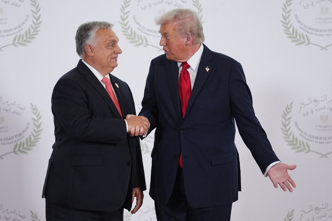 US President Donald Trump greets Hungary's Prime Minister Viktor Orban during a summit on Gaza in Sharm el-Sheikh, Egypt. (AFP)