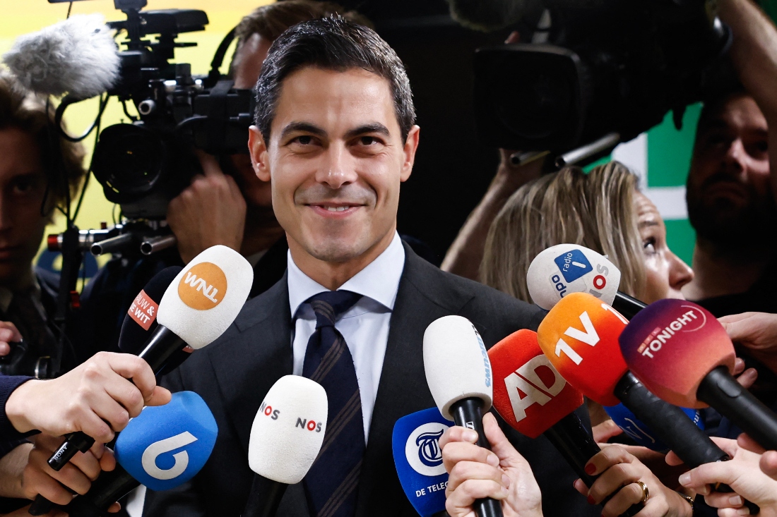 Leader of D66, Rob Jetten reacts as he delivers remarks to journalists at the D66 (Democrats 66) faction room at the Lower House, the day after the Dutch parliamentary election vote, in The Hague. (AFP)