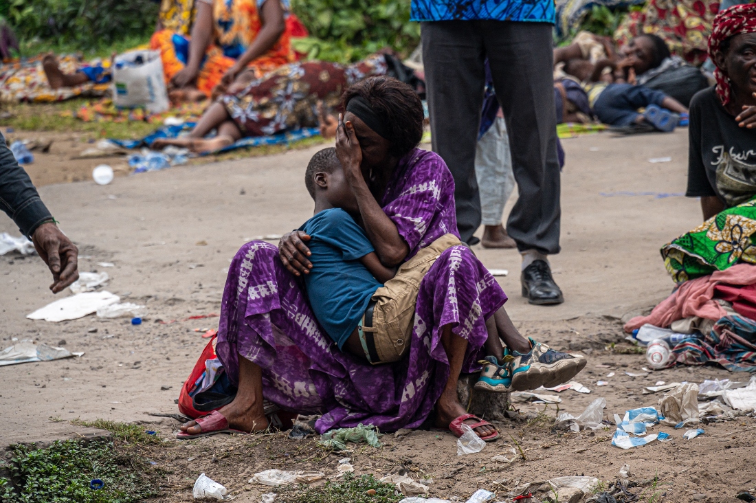 Victims of the April floods in the Tshangu district demonstrate in front of the residence of Democratic Republic of the Congo's President Felix Tshisekedi, in Kinshasa. (AFP)