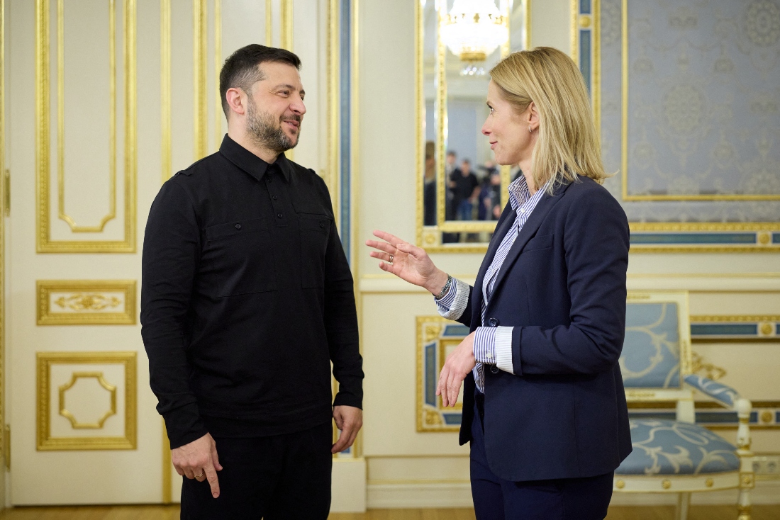 This handout photograph taken and released by the Ukrainian Presidential Press Service shows Ukrainian President Volodymyr Zelensky and High Representative of the European Union for Foreign Affairs and Security Policy Kaja Kallas during their meeting in Kyiv, Ukraine.
