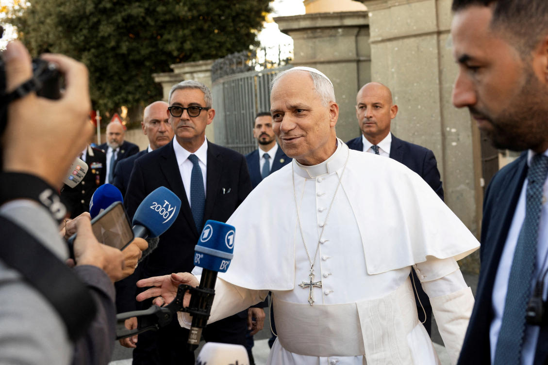 Pope Leo XIV speaks to members of media in Castel Gandolfo, Italy, Oct. 7, 2025. (Reuters/File)