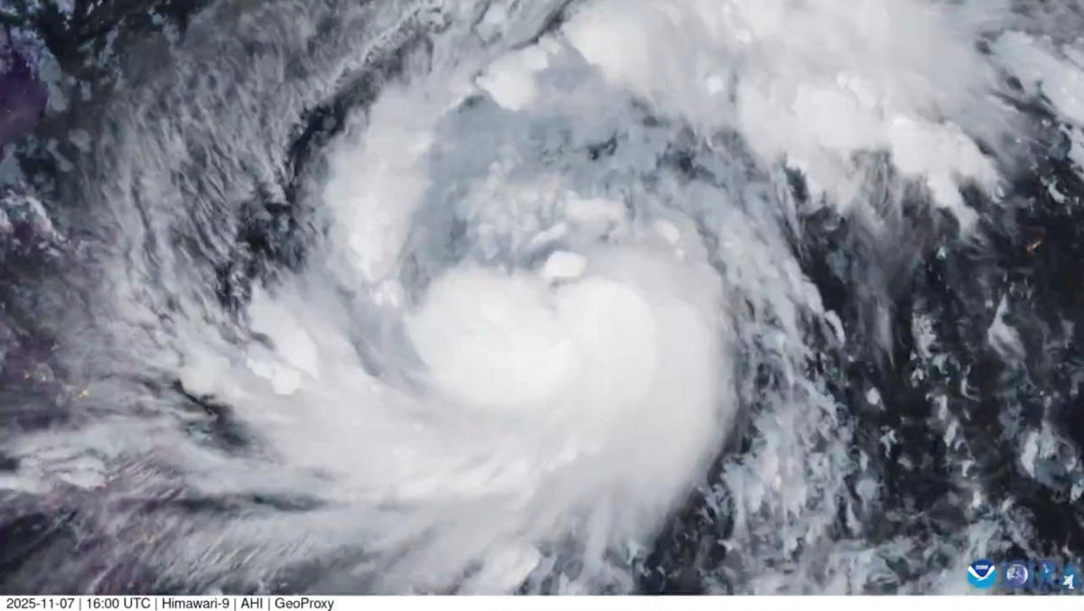 A satellite image shows Storm Fung-Wong, which has intensified into a typhoon, over the Philippine Sea on Nov. 7, 2025. (CSU/CIRA & JMA/JAXA via Reuters)