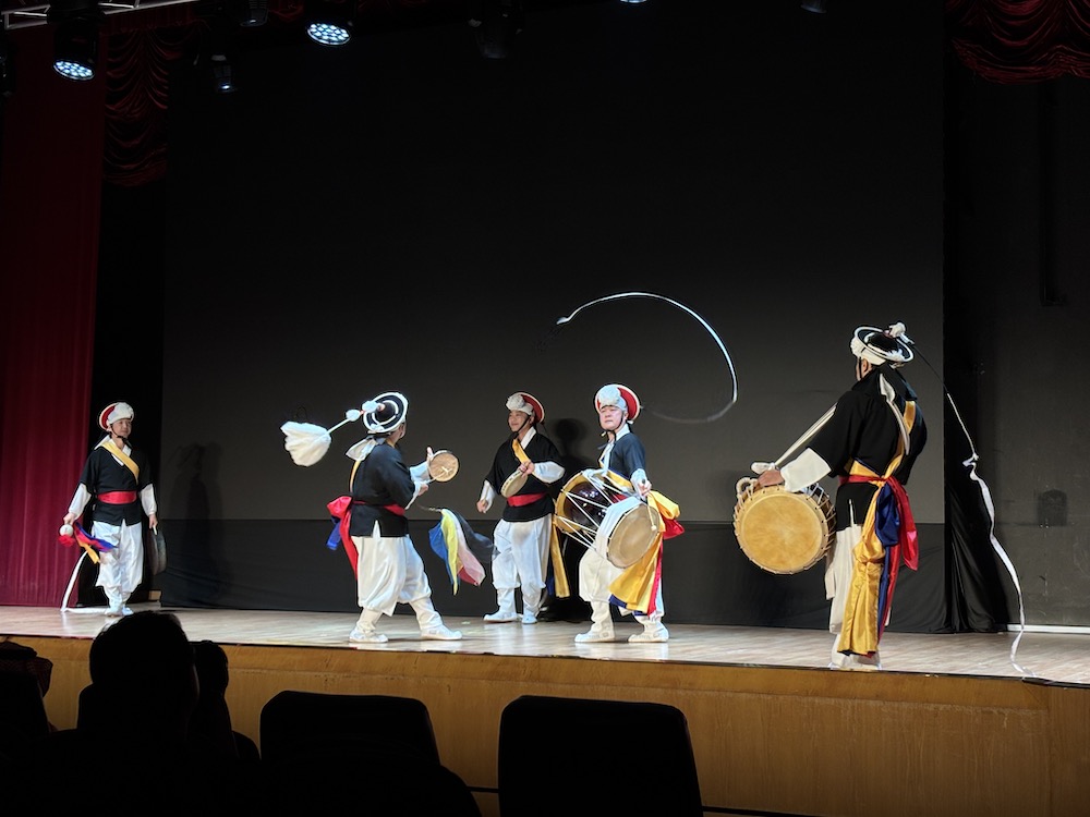 Members of the Pangut troupe perform a traditional Korean percussion routine during the 18th Korea-Arab Friendship Caravan at Prince Sultan University in Riyadh. (AN Photo/Waad Hussain)