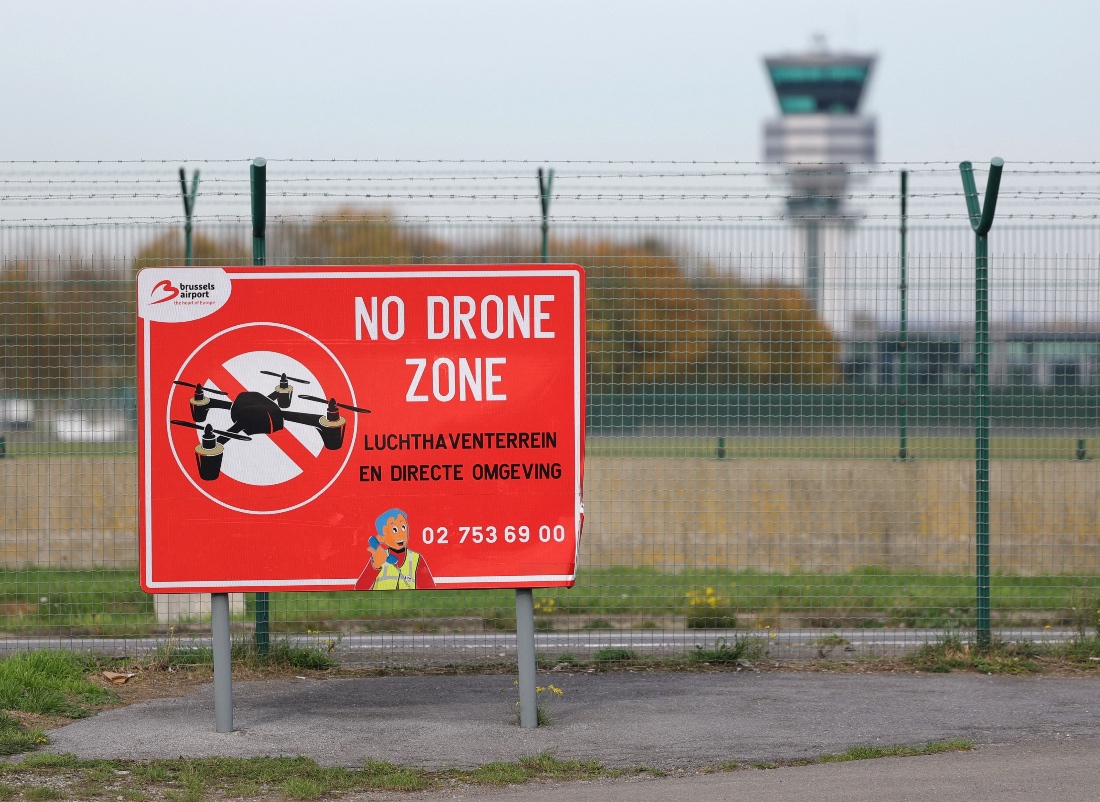 A "No Drone Zone" placard is seen at Brussels international Airport in Zaventem. (Reuters)