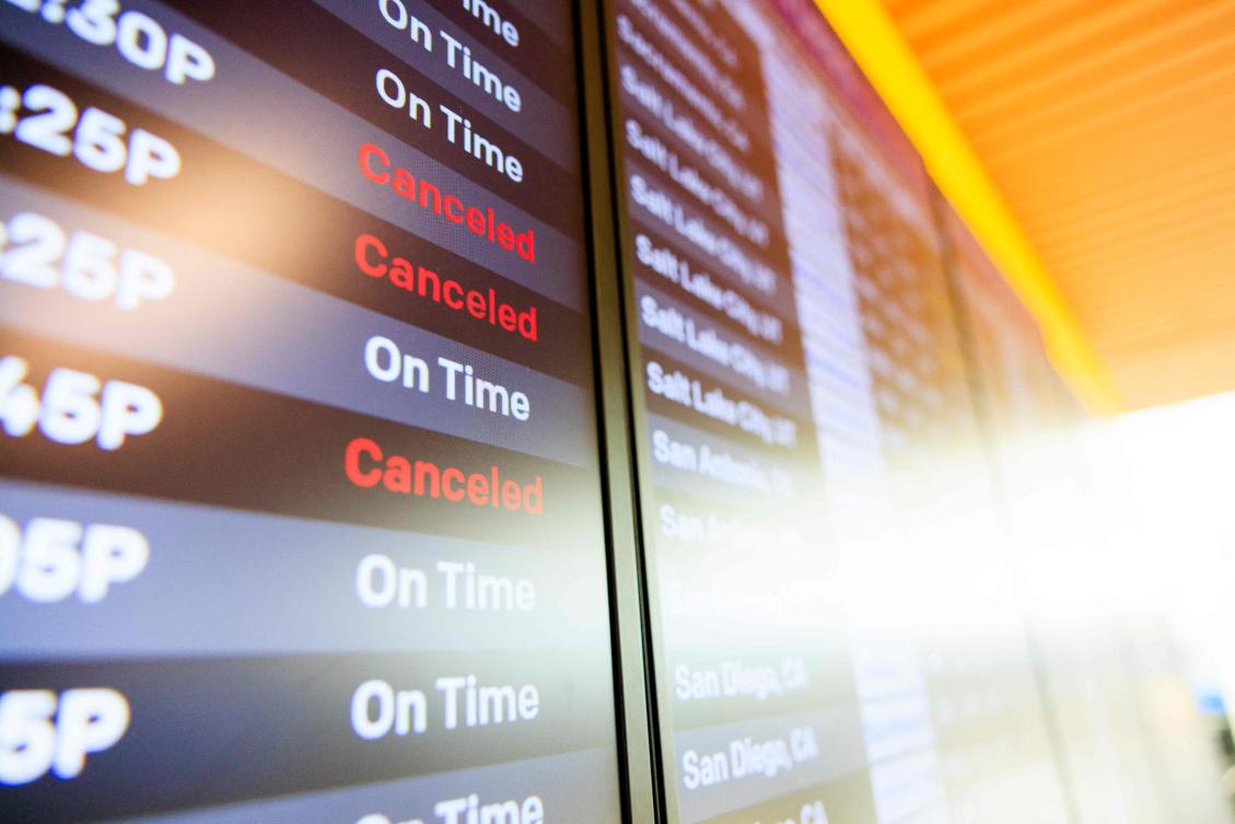 Above, a display board shows canceled flights at Denver International Airport on Nov. 6, 2025. The Federal Aviation Administration has targeted 40 “high-volume” airports for flight cuts amid the government shutdown. (Getty Images/AFP)