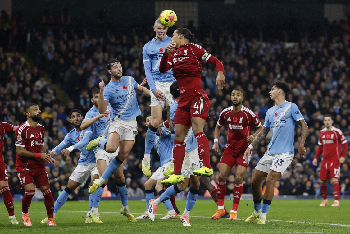 Liverpool’s Virgil van Dijk in action with Manchester City’s Erling Haaland during the match at the Etihad Stadium. (Action Images via Reuters)