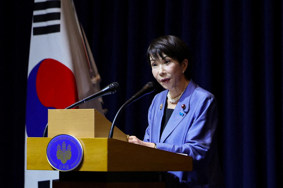FILE PHOTO: Japanese Prime Minister Sanae Takaichi speaks during a press conference after the Asia-Pacific Economic Cooperation (APEC) summit in Gyeongju, South Korea, November 1, 2025. REUTERS/Kim Hong-ji/File Photo