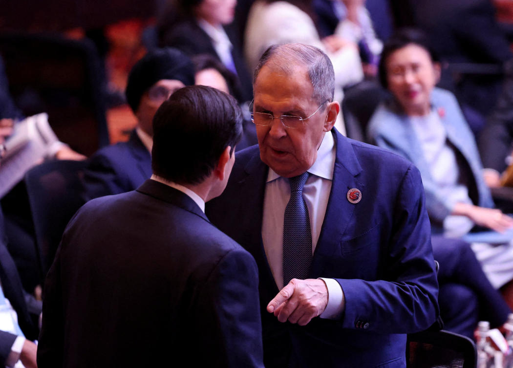 Russia's Foreign Minister Sergei Lavrov and US Secretary of State Marco Rubio speak during the 15th East Asia Summit Foreign Ministers' Meeting at the Convention Centre in Kuala Lumpur, Malaysia July 11, 2025. (Reuters)