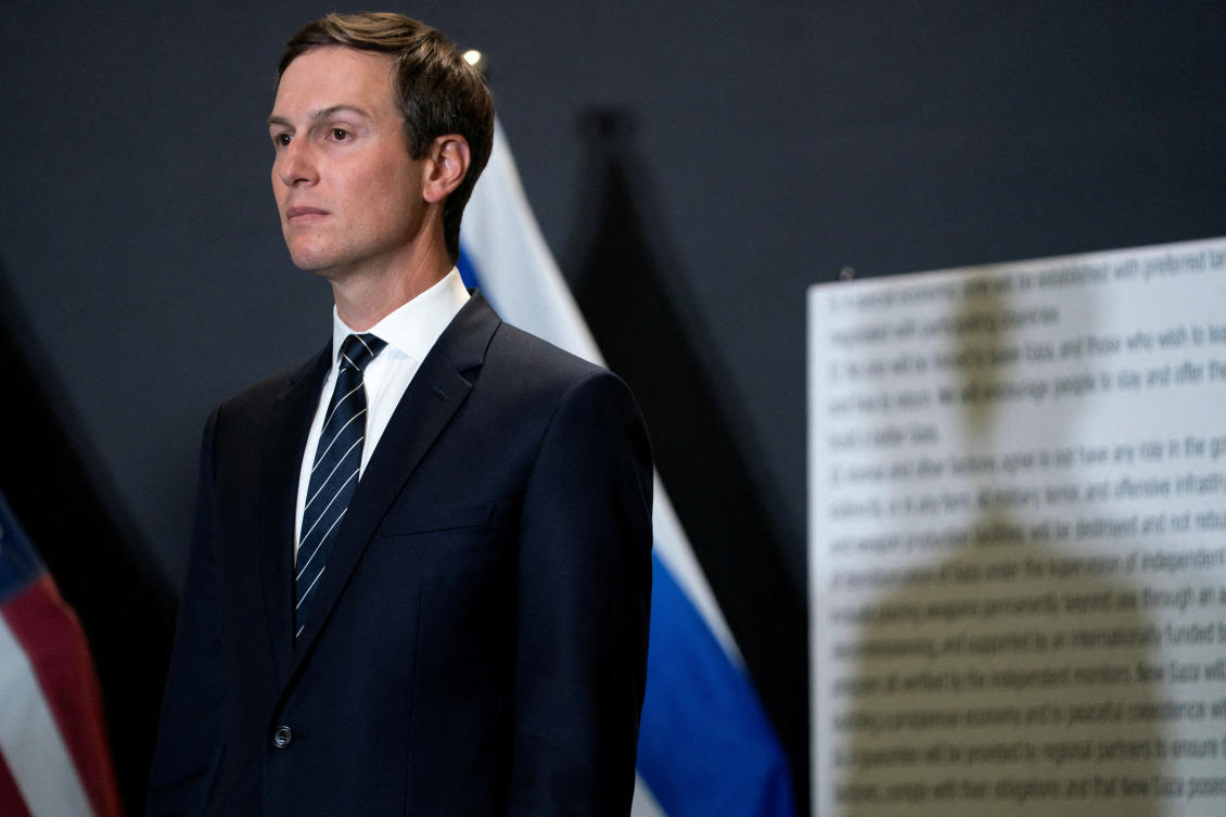 Jared Kushner listens as US Vice President JD Vance speaks during a press conference following a military briefing at the Civilian Military Coordination Center in southern Israel on Tuesday, Oct. 21, 2025. (REUTERS)