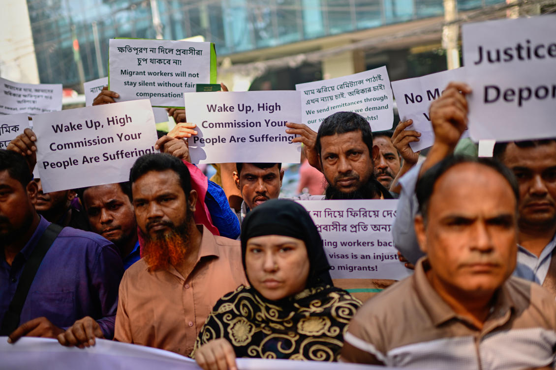Bangladeshi workers who were employed by Malaysian companies protested in front of the Ministry of Expatriates’ Welfare and Overseas Employment demanding unpaid wages, fair compensation and an end to alleged abuse by Malaysian employers, in Dhaka. (AP)